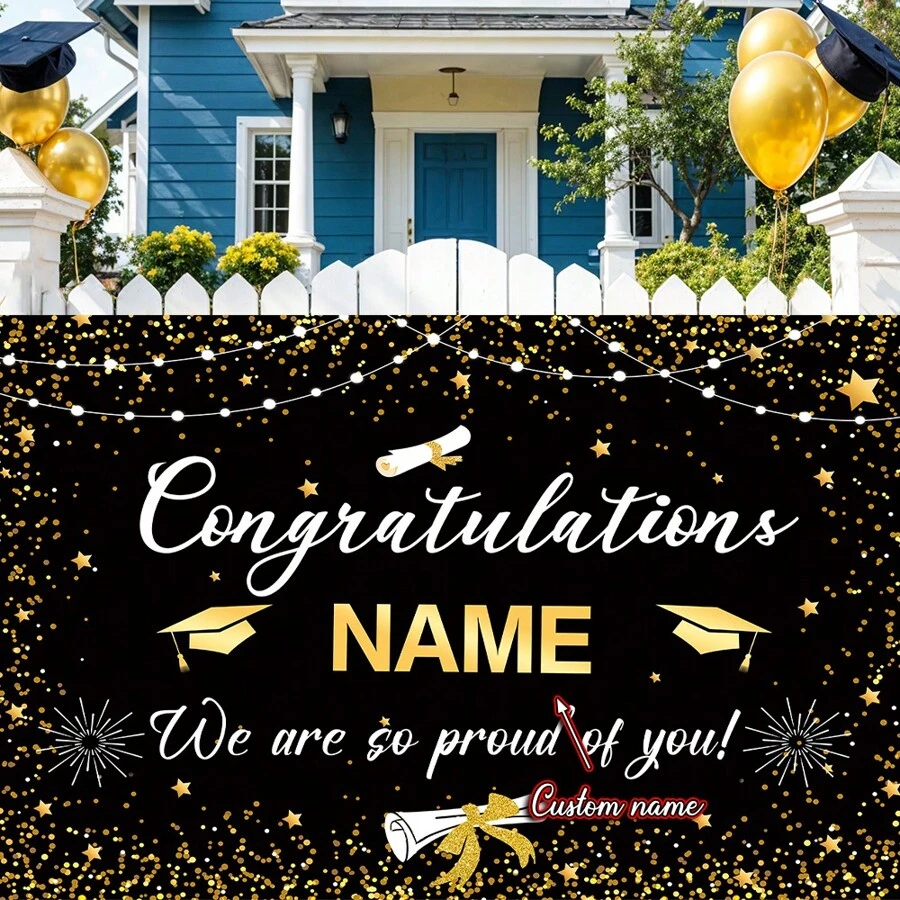 1 Stück individuell gestaltbares Abschlussfeier Banner mit glänzendem Doktorhut & Sternenmuster, Material Polyester, personalisiertes Namensschild für Schulen, Klassenzimmer, Heim-Wand & Garten Dekoration, 3 Größenoptionen, Hochzeitsartikel, individualisierbare Banner & Wimpel, gemütliche Atmosphäre