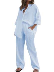 Women's 2 Piece Outfits Sets Button Down Half Sleeve Shirts And Long Pants  Sets Summer Casual - 藍色 - 查看 2