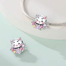 1 pieza Compañero permanente del amor, romántico rosa corazón de rosa de amor, lazo de amor, broche fijo, ramo de amor, gato y flor, cuentas de flor, colgante adecuado para pulsera de serpiente, collar, llavero, cuentas plateadas adecuadas para hacer joyería DIY, regalo de aniversario, Navidad, para chicas, pareja, regalo del Día de San Valentín