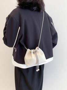 迷你灯芯绒链条水桶包，金属抽绳设计钱包，女士斜挎包祝福包派对包