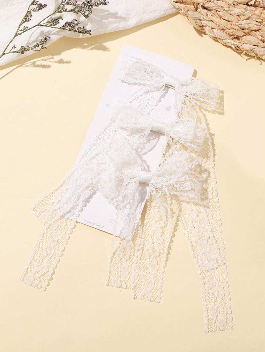 3 件装可爱蝴蝶结刺绣网眼丝带发夹，适合日常佩戴，斋月期间送给朋友的礼物 - 白色 - 查看 1