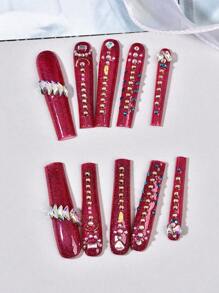 10Pcs Red Handmade Nails Set Press On Long Coffin Squaer False Nail With Rhinestone Glistening Design Reusable Full Cover Fake Nail,1pc Nail File And 1pc Nail Glue, Suitable For Girls And Women Festival Parties And Daily Wear Holiday Gifts Nail Art Nail Salon(Note: Handmade Slight Color Variation In Base Color, Accessories And Rhinestones Due To Batch Difference, Which Is Normal)