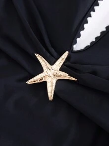 Sultry Sol 两件套女士沙滩比基尼套装，性感镂空深V领海星装饰泳衣搭配休闲薄纱长裙，优雅 - 黑色 - 查看 6