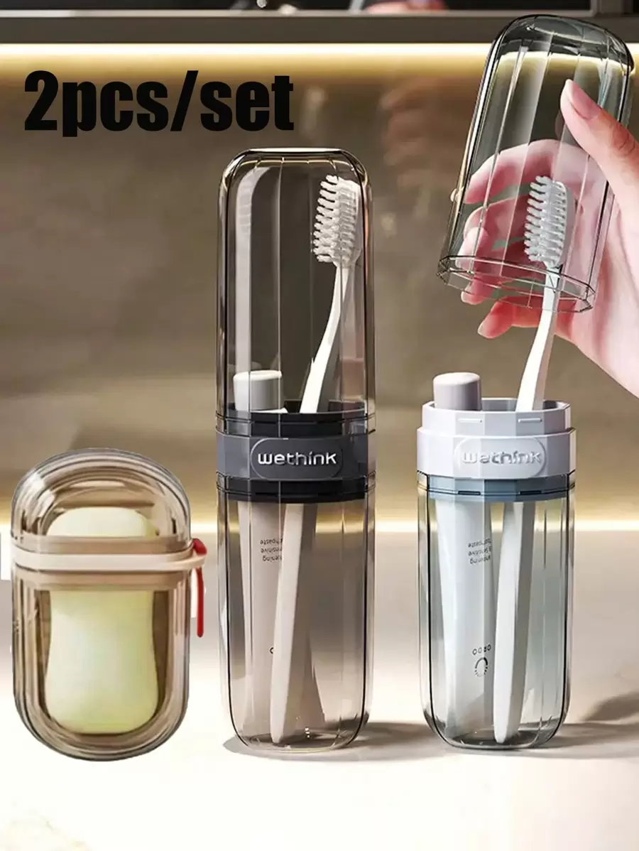 2件套便携式旅行皂碟和牙刷架套装 - 塑料材质，椭圆形，露营、健身、浴室必备配件