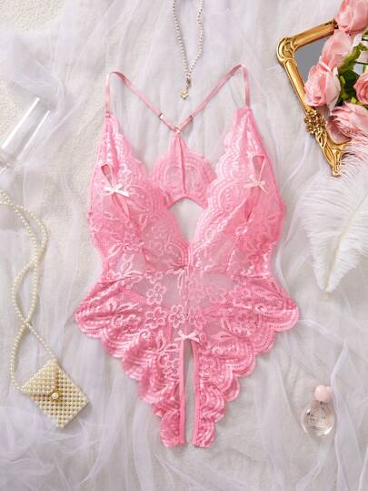AESKEIA Pink Lace Open Crotch Sexy Lingerie Bodysuit, Spandex Alluring Romper Suitable For Romantic Occasions, Rave For Going Out