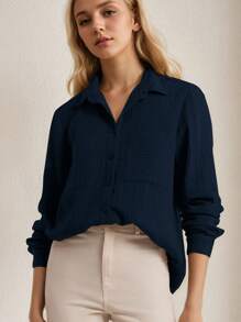 Womens Blouses,Blouses For Women Dressy Casual,Coats For Women,Blouses For Women Business Casual,Women's Pocket Long Sleeve Casual Cotton Shirt - 藏蓝色 - 查看 3