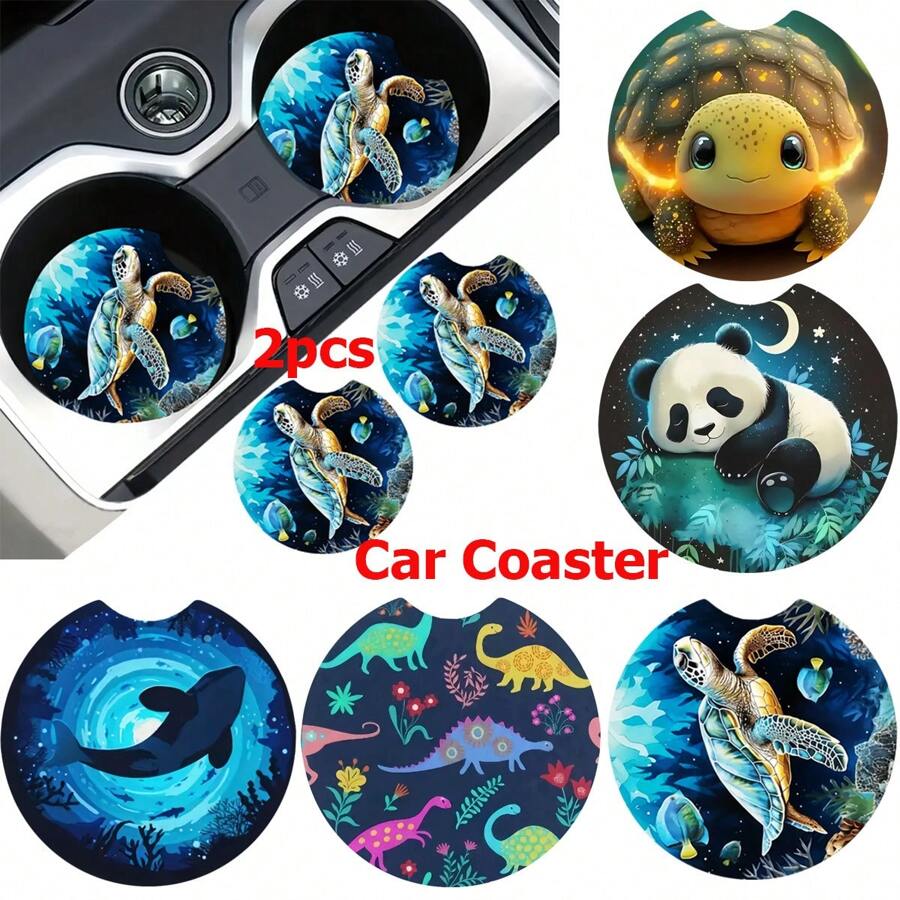 2 件装 海龟鲸鱼动物图案汽车杯垫 时尚速干防滑汽车杯垫 - 均碼 - 查看 1