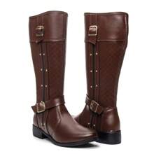 Bota Montaria Feminina Cano Alto Strass Fivela Zíper Lateral Luxo Lançamento bota marrom confortável elegante - Café - Visão 1