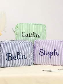 1 pezzo Borsa da viaggio, beauty case, borsa per accessori personalizzata con ricamo a strisce verticali quadrate, adatta per viaggi, scuola, dormitorio, bagno, necessità di casa, regalo per madre e moglie - Multicolore - Visualizzare 5