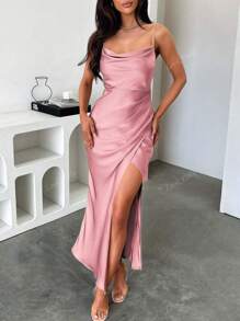 Vestido de verano para mujer Look Polly, vestido de falda larga de seda de unicolor con tirantes, vestido de boda para mujer, ropa de mujer para otoño, ropa de vuelta al colegio, vestido de fiesta para mujer con hombros descubiertos, vestido de graduación, falda larga elegante y sexy con piernas expuestas
