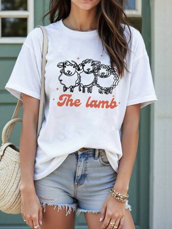 Women's Casual Versatile Simple Cute Sheep Pattern Solid Color Round Neck Short Sleeve T-Shirt, Daily Casual Fashion