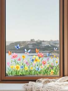 1 pieza Etiqueta autoadhesiva para ventana con patrón de flores silvestres y mariposas de colores, decoración de cristal, póster decorativo, decoración para habitación de niños/ventana del patio, calcomanía de pared de PVC removible