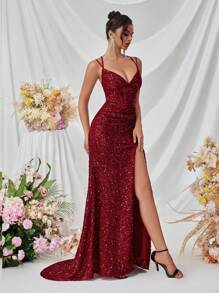 ADYCE Vestido con escote en V, abertura frontal y cordones en la espalda con lentejuelas, vestido de noche formal para mujer para fiestas/bailes de graduación, vestido de invitada de boda