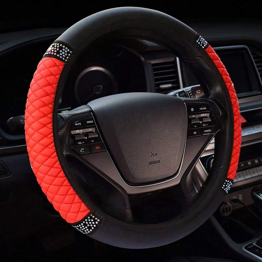 1pc PU Leather 3D Embroidery With Rhinestone Car Steering Wheel Cover (No Inner Ring) Blingbling Style For Women, Suitable For 14.5-15 Inches Car Accessories