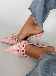 Heeled Mules For Women Pointed Toe Suede Stiletto High Heels Fashion Bow Tie Slip On Pumps Woman - Màu hồng A - Xem 4