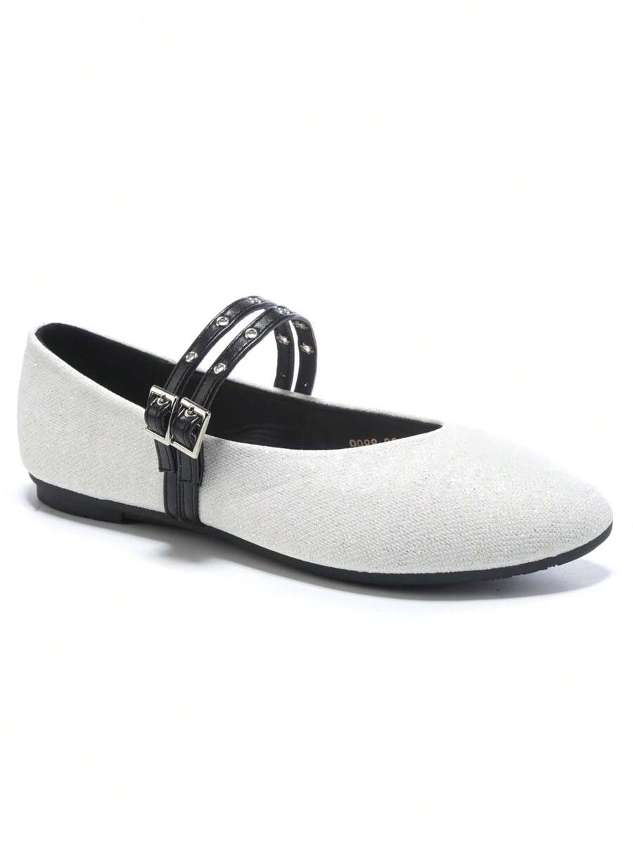 RevReaL Glitter Mary Jane Flats With Double Straps - White - View 1