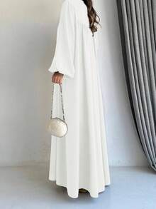 Women's Elegant Fairy Style Single-Breasted Lantern Sleeve Long Arabic Dress - White - View 4