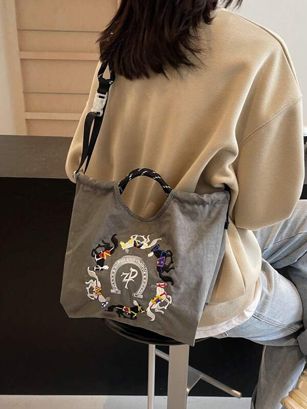 Sac de courses japonais original pour sous les bras, sac fourre-tout en nylon imperméable avec broderie raffinée pour femmes, avec bandoulière amovible