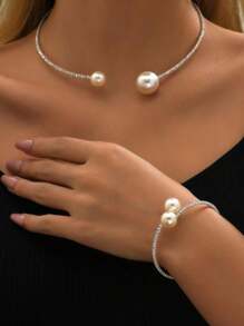 2 件奢华优雅水钻仿珍珠手链项链套装，简约百搭女士珠宝礼物 - 銀色 - 查看 1