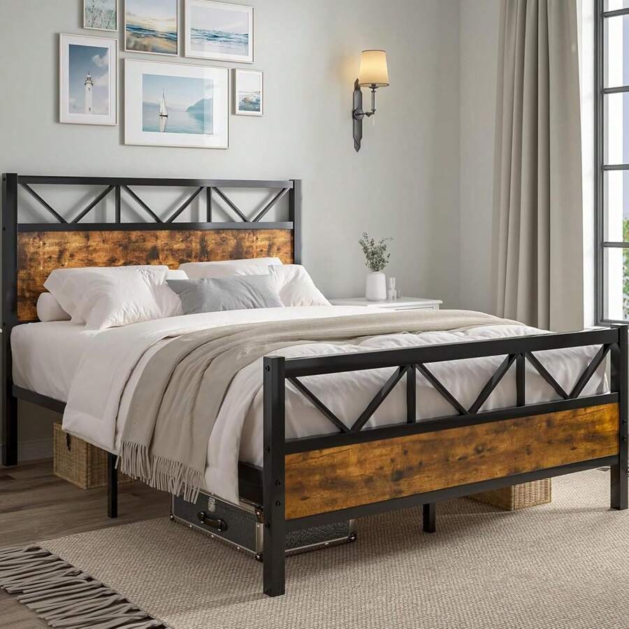 Wooden Bed Frame With Tall Headboard, Metal Platform Bed Frame With Headboard And Footboard, Under-Bed Storage, Easy Assemble, Brown/ Grey, Twin/ Full/ Queen/ King - 棕色 - 查看 1