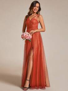 EVERPRETTY Elegant Deep V-Neck Split Back Bridesmaid Dress For Wedding - Burnt Orange - View 4