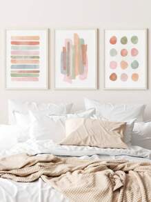 3件套现代抽象墙画套装，米色极简波点条纹图案，柔和色调帆布画，适合时尚客厅、家庭办公室或走廊装饰 - 无框，墙面装饰 - 彩色 - 查看 2