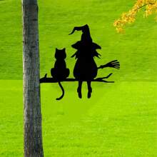 Decoración de pared de silueta metálica - Bruja y gato, adecuada para decoración del hogar, jardín y patio | Regalo ideal para cumpleaños y inauguración de la vivienda