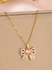 1件精致甜美时尚粉色心形蝴蝶结吊坠项链，适合女孩时尚、街头、派对、节日首饰和日常装饰。 - 金色 - 查看 2
