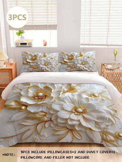 3pcs High Definition Digital Printing & Dyeing White Pearl Flower Bedding Set, Set Includes: 1 Duvet Cover With 4 Corner Ties & Zipper + 2 Pillowcases (No Inserts), Soft & Skin-Friendly, Suitable For Bedroom, Wedding Room, Dorm, Travel