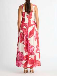 春夏新款水仙花印花连衣裙：方领前褶设计，宽肩带，A字型正式连衣裙，适合婚礼宾客、花园派对、海滩度假、度假村、夏日早午餐、日常穿着。 - 彩色 - 查看 2