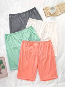 4 Stücke Damen Lässig Schlafshorts große Größen, Große Größen einfarbig Elastischer Bund weich & bequem Lounge Shorts