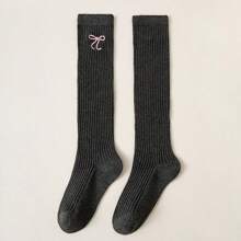 2 Pairs Girls Over The Knee Socks With Embroidery, Long Cotton Tube Socks For Lolita Style, Suitable For Spring, Autumn & Winter