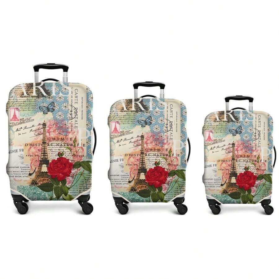3-Pack Travel Luggage Cover Luggage Protector Anti-Scratch Luggage Cover Washable Luggage Cover Travel Luggage Cover Suitcase 18-32 Inch S+M+L (XL Not Included) - Flower Eiffel Tower - 查看 1