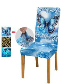 1pc 3D Butterfly Print Chair Cover, Stretch Milk Silk Full Chair Slipcover, Decorative Chair Cover For Kitchen And Dining Room - Blue - View 1