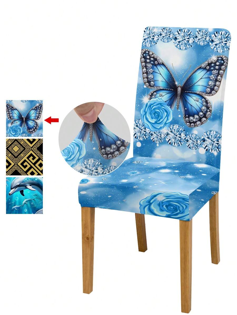 1pc 3D Butterfly Print Chair Cover, Stretch Milk Silk Full Chair Slipcover, Decorative Chair Cover For Kitchen And Dining Room - Blue - View 1