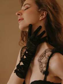 Vintage Gothic Black Bridal Gloves, Satin Pearl Bow Lolita Punk Party Photoshoot Prop Accessory Arm Sleeves