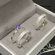 Pair Of Engagement And Promise Rings In 950 Silver 3mm Minimalist  And Solitaire Ring White Pink Blue - Silver - View 2