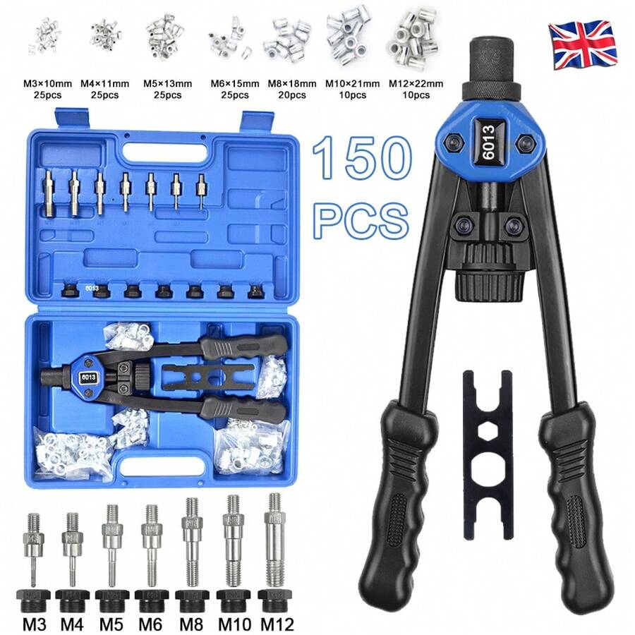 Rivet Gun Set, Rivnut Tool Kit, Heavy Duty Hand Riveter With M3-M12 7PCS Metric Mandrels, 140Pcs Nuts And Rivets, Pop Rivet Gun Set With  Storage Case - Blue - View 1