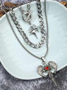 3pcs Vintage Multilay Star Pendant Necklace Set, Minimalist Stainless Steel Choker Necklace With Star, Heart Wing, Flame Cross Charm For Women And Men - Silver - View 3