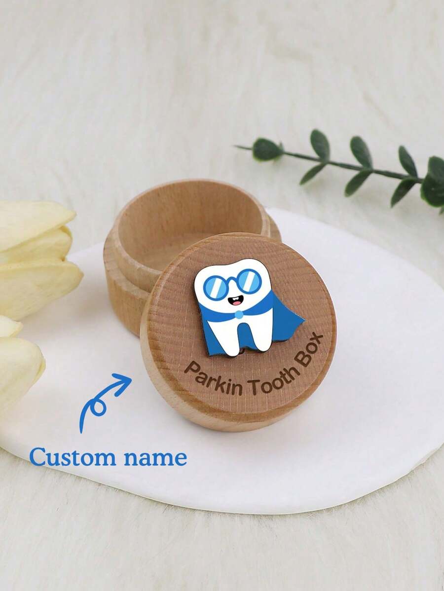 1 Pc Customized Tooth Fairy Box, Personalized Name Carved Wooden Box Tooth Keepsake Storage Box Gift For Boy Or Girl, Cute Lost Teeth Storage Tooth Box Tooth Dropped Tooth Keepsake Box Gift, Multi-Functional, Space-Saving, Reusable, Compact Exquisite - Multicolor - View 1