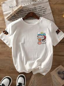 Tween Boy Shootabasket And Slogan Print Crew Neck T-Shirts Summer Boy's Casual Tee Soft Tops - White - View 3