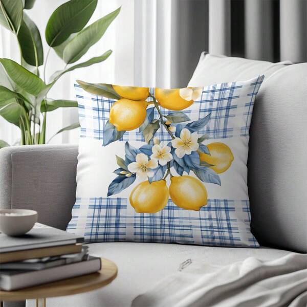 1 Peça 45 cm x 45 cm Capa de Almofada com Impressão de Quadros Azuis em Aquarela, Limão e Floral [Impressão Única], Decoração Doméstica em Poliéster, Capa de Almofada para Sofá, Cama, Carro, Adequada para Uso Diário ou Fins Decorativos na Sala de Estar, Quarto