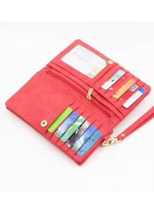 A Red Double Zipper Long Purse European And American Vintage Frosted Multi-Card Folding Large Capacity Expandable Mobile Phone Integrated Wallet Party Gifts High Texture PU Mobile Phone Long Ticket Holder Convenient Daily Travel Clutch Bag