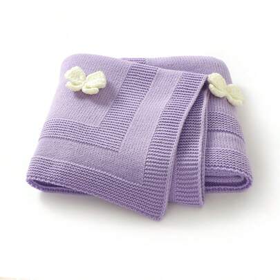 1pc Knitted Baby Blanket With Exquisite 3D Bow Decor, Sweet Baby Swaddle Blanket, Casual Minimalistic Design, Suitable For All Seasons