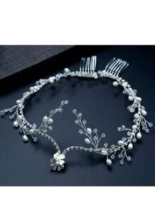 水晶额头头带、新娘婚礼头饰、时尚发带配饰，适合派对、舞会 - 銀色 - 查看 1