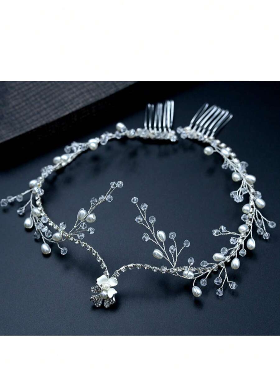 水晶额头头带、新娘婚礼头饰、时尚发带配饰，适合派对、舞会 - 銀色 - 查看 1