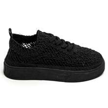 Low-Top Lace-Up Sneakers With Openwork Upper And Platform Sole - Black - View 2