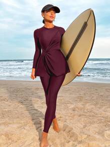 Solid Color Side Waist Twist Long Sleeve Top And Pants Burkini Swimwear Set For Beach Vacation - Red Violet - View 3