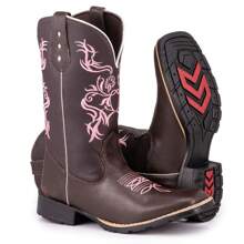 Women's Country Texan Boot With Square Toe, Stitched Sole And Pink Embroidery - Rỉ Nâu - Xem 2