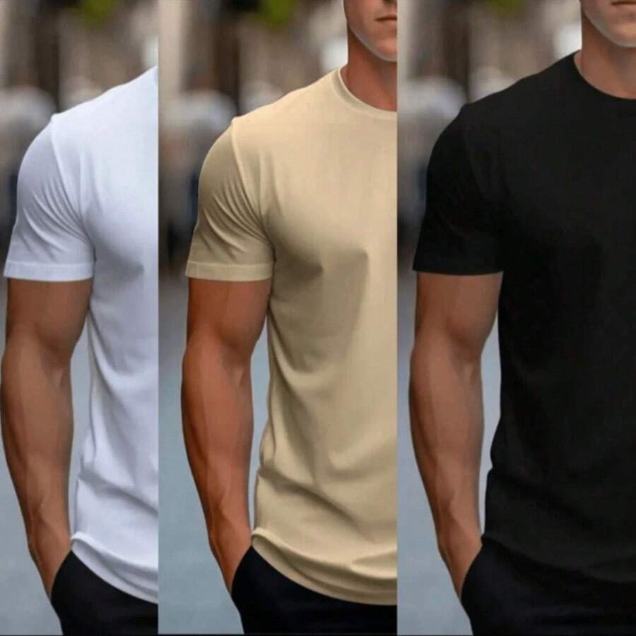 Kit 3 100% Cotton Premium Plain Basic T-Shirts - Negro - Ver 1